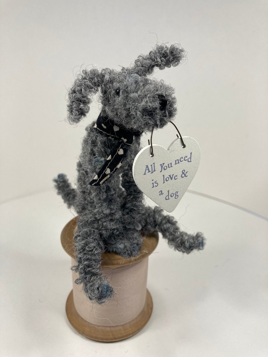 OOAK Miniature Dog on a Vintage Cotton Reel 