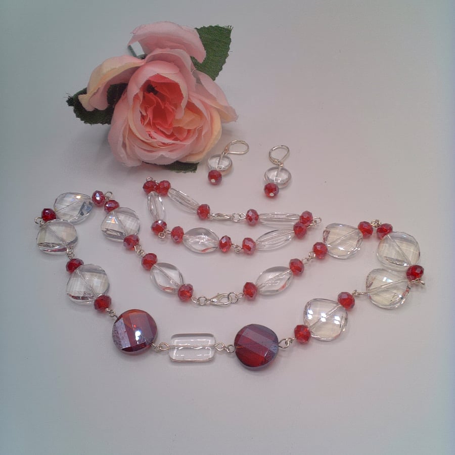 Red and Clear Faceted Beads and Red Crystals Jewellery Set, Gift for Her