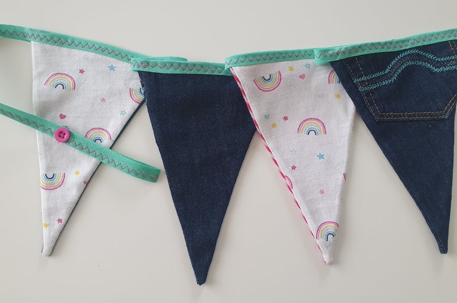 Sweet Rainbow Demin Bunting on Jade Binding with Pocket Detail