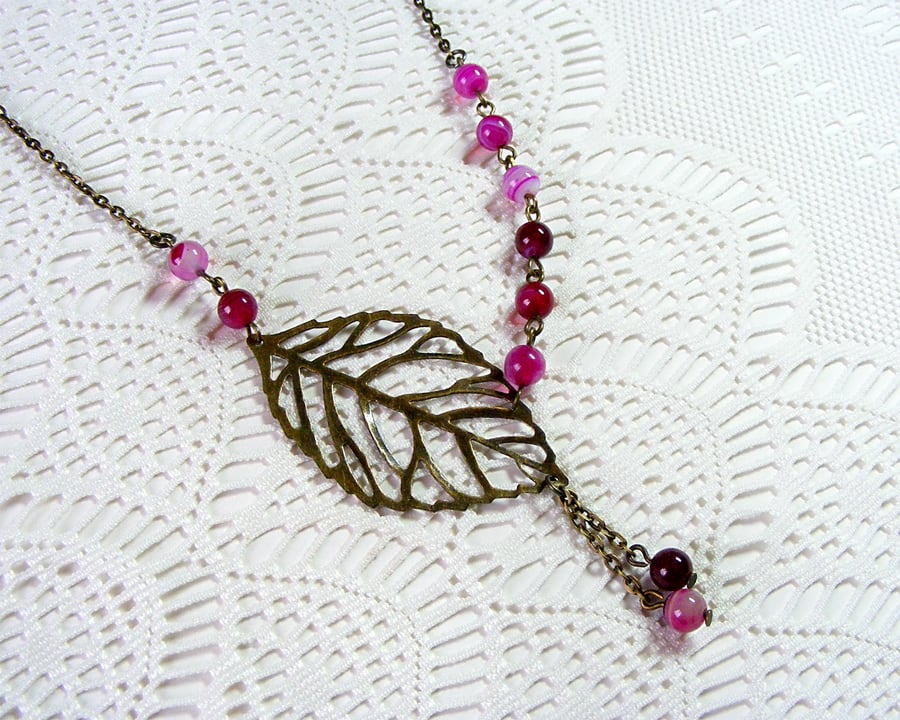 Pink Agate Beaded Necklace with Bronze Filigree Leaf