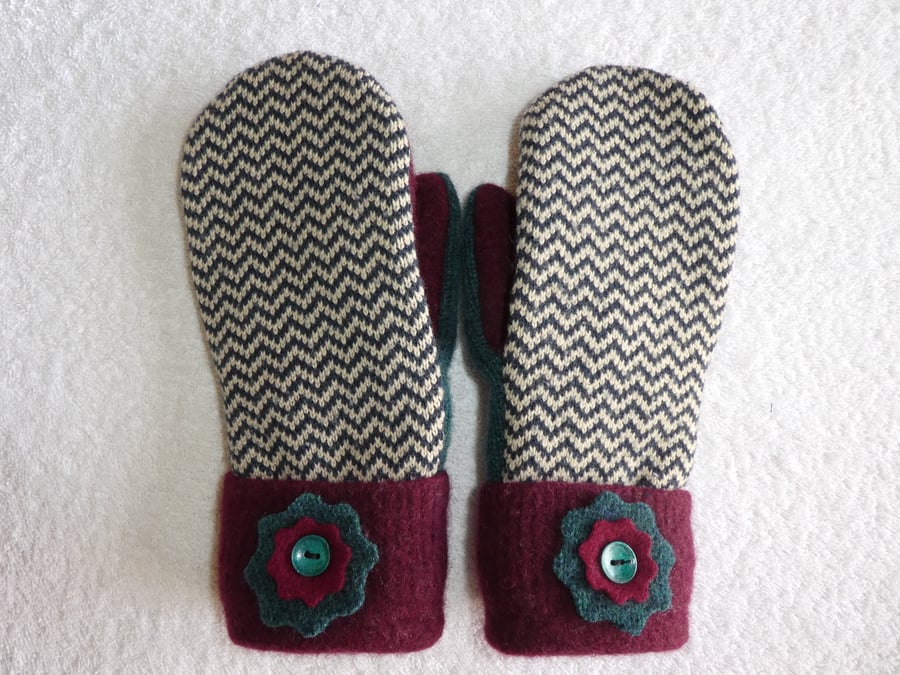 Mittens Created from Up-cycled Wool Jumpers. Fully Lined. Burgundy Cuff
