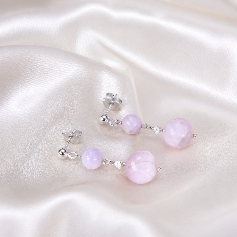 Kunzite Sterling Silver Drop Earrings, Lilac Gemstone Studs Gift Boxed