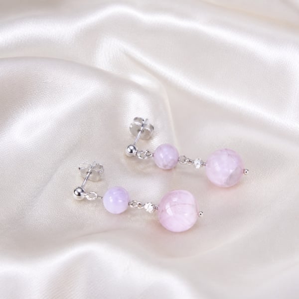 Kunzite Sterling Silver Drop Earrings, Lilac Gemstone Studs Gift Boxed