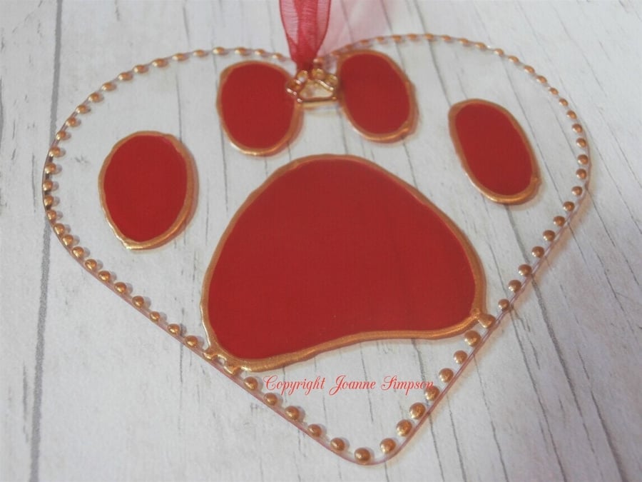 Hand painted 'Pretty paws' sun catcher decoration. Cat gift, Dog gift, Paw print