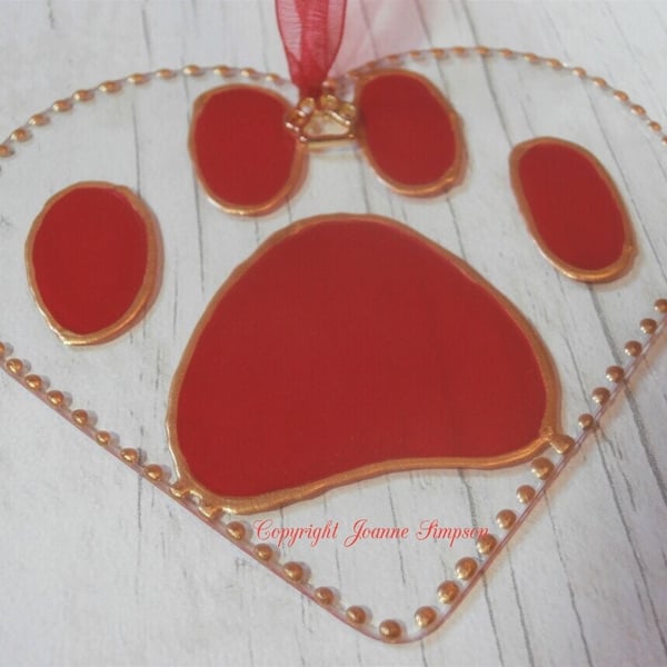 Hand painted 'Pretty paws' sun catcher decoration. Cat gift, Dog gift, Paw print