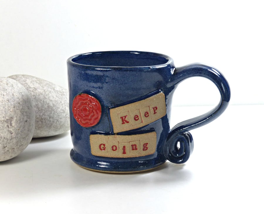  Keep Going -  Beautiful Blue and Red Mug  Ceramic Pottery Wheelthrown Stoneware