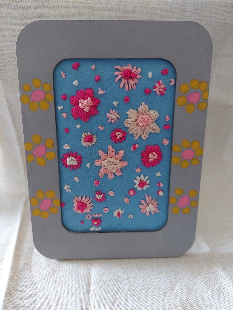 Hand embroidered flowers small picture upcycled painted frame.