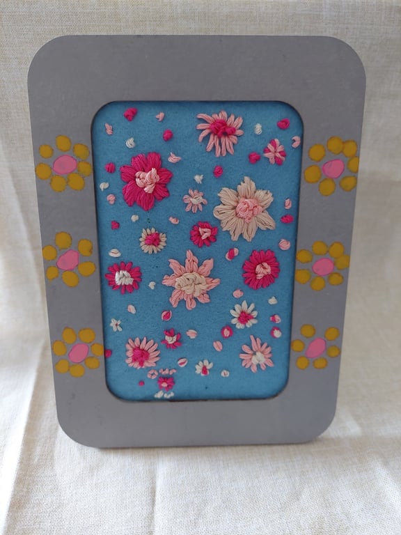 Hand embroidered flowers small picture upcycled painted frame.
