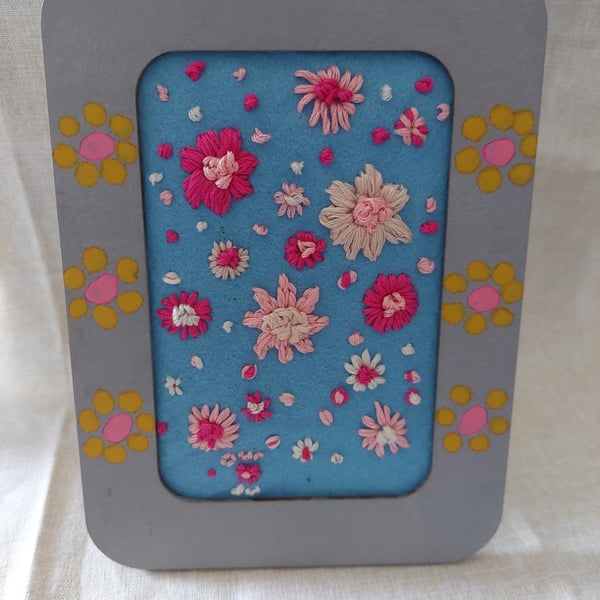 Hand embroidered flowers small picture upcycled painted frame.