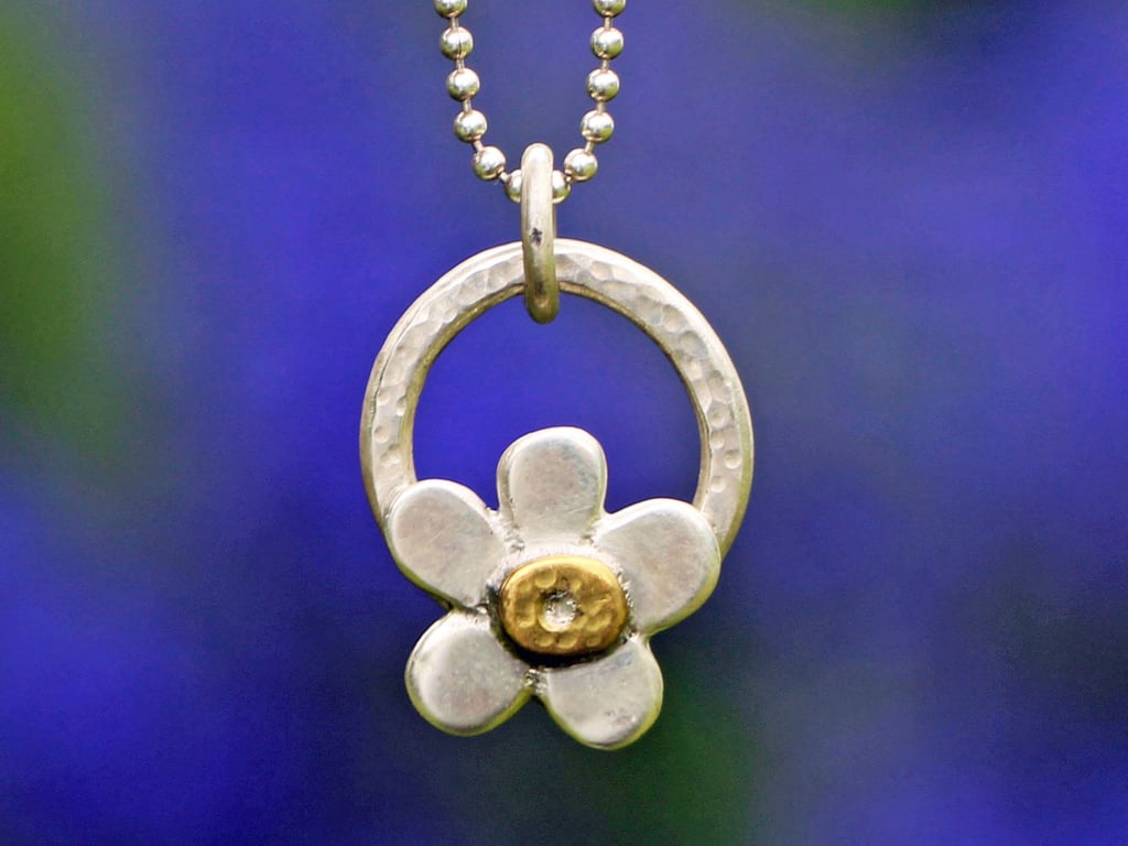 Recycled Silver and Brass Pendant Forget Me Not Flower