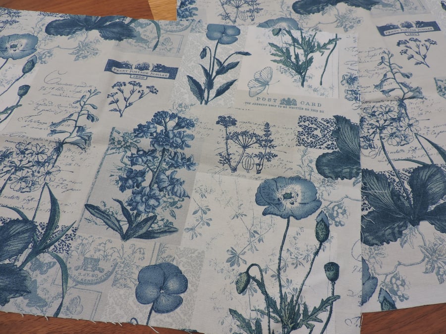 Linen Fabric Remnants   Blue and White Floral