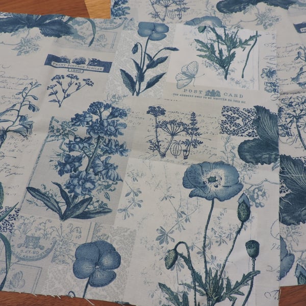 Linen Fabric Remnants   Blue and White Floral