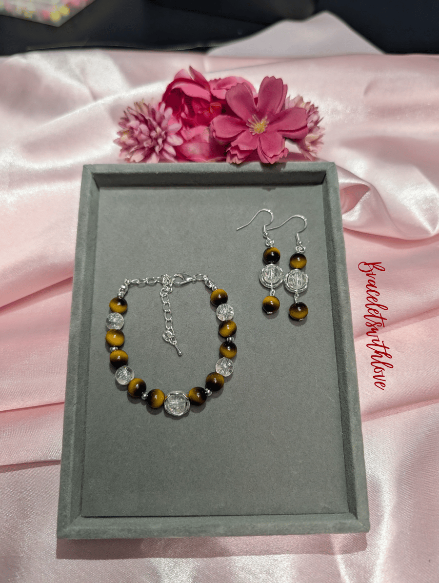 Tiger's Eye & Crackle Quartz Jewellery Set – Autumn Gemstone Bracelet& Earrings
