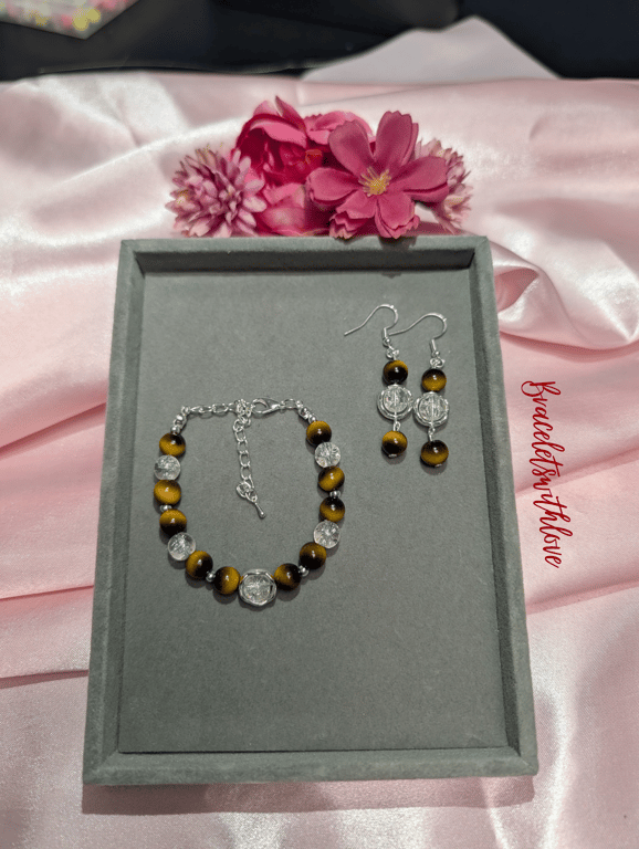 Tiger's Eye & Crackle Quartz Jewellery Set – Autumn Gemstone Bracelet& Earrings