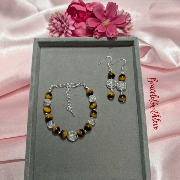Tiger's Eye & Crackle Quartz Jewellery Set – Autumn Gemstone Bracelet& Earrings