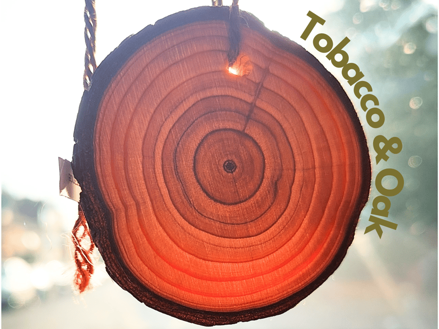 Tobacco & Oak Car Air Freshener. Wooden slice with long-lasting fragrance. UK.