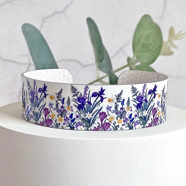 Spring flowers cuff bracelet, jewellery bangle with iris floral design. (751)