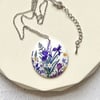 Spring flowers iris necklace, 32mm floral disc pendant, on a fine chain. (751)