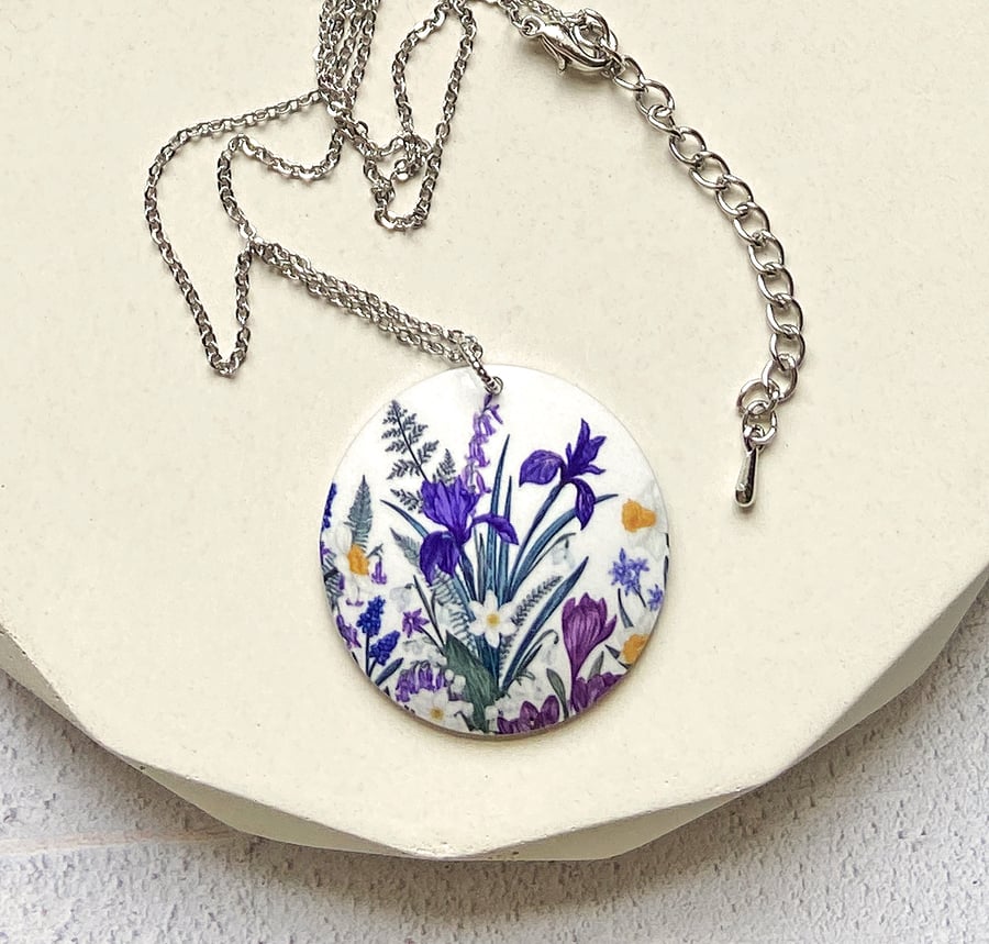 Spring flowers iris necklace, 32mm floral disc pendant, on a fine chain. (751)