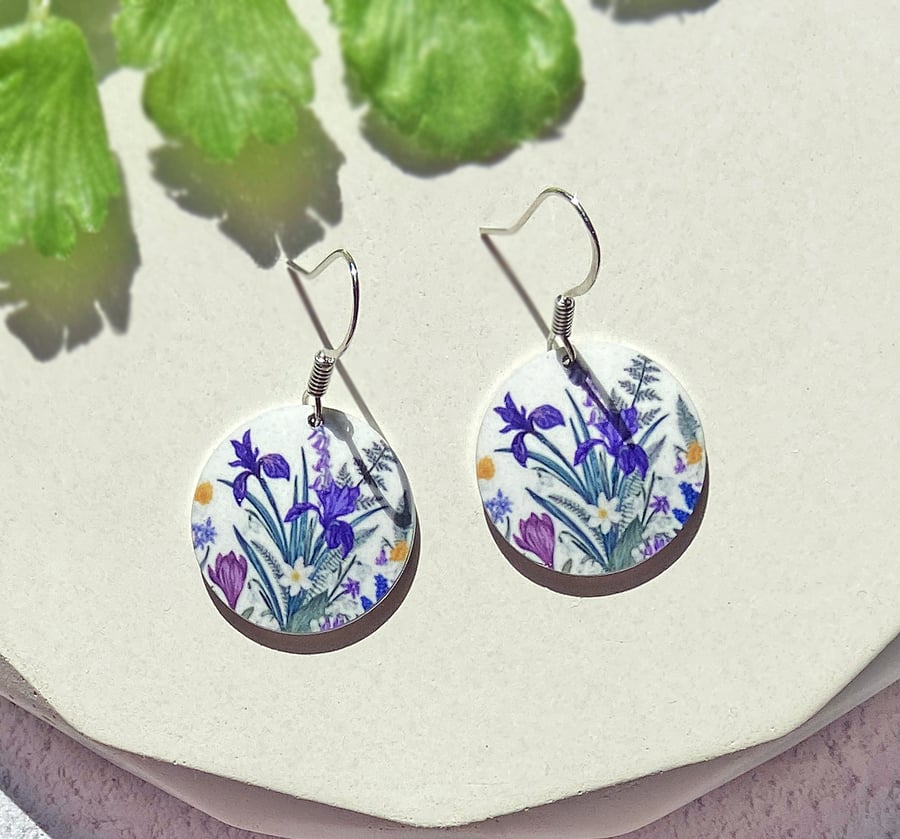 Iris spring flowers earrings, 19mm discs, sterling silver ear wires (751)