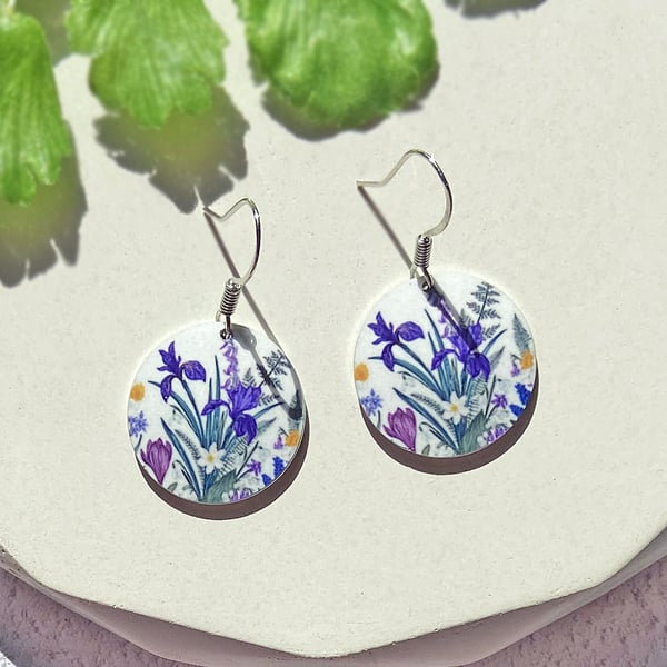 Iris spring flowers earrings, 19mm discs, sterling silver ear wires (751)