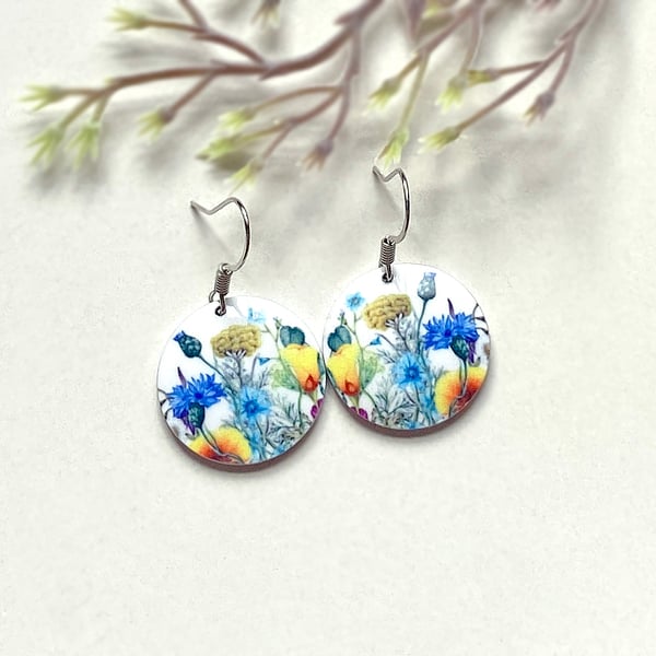 Wild flowers earrings, 19mm discs, sterling silver ear wires (752)