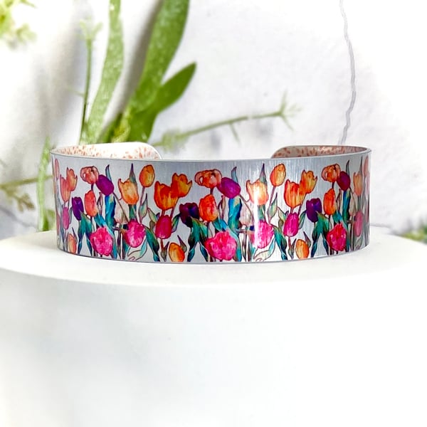 Tulips spring flowers cuff bracelet, orange, pink, purple floral design. (814)