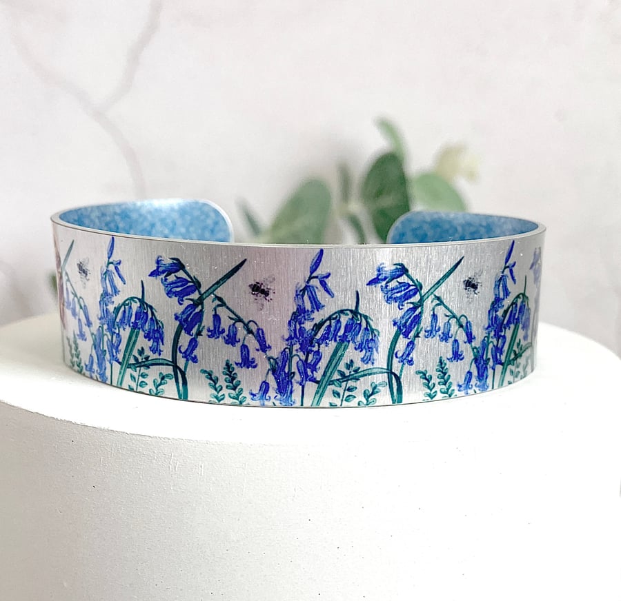 Bluebell cuff bracelet, blue wild flowers, jewellery gifts. (768)            