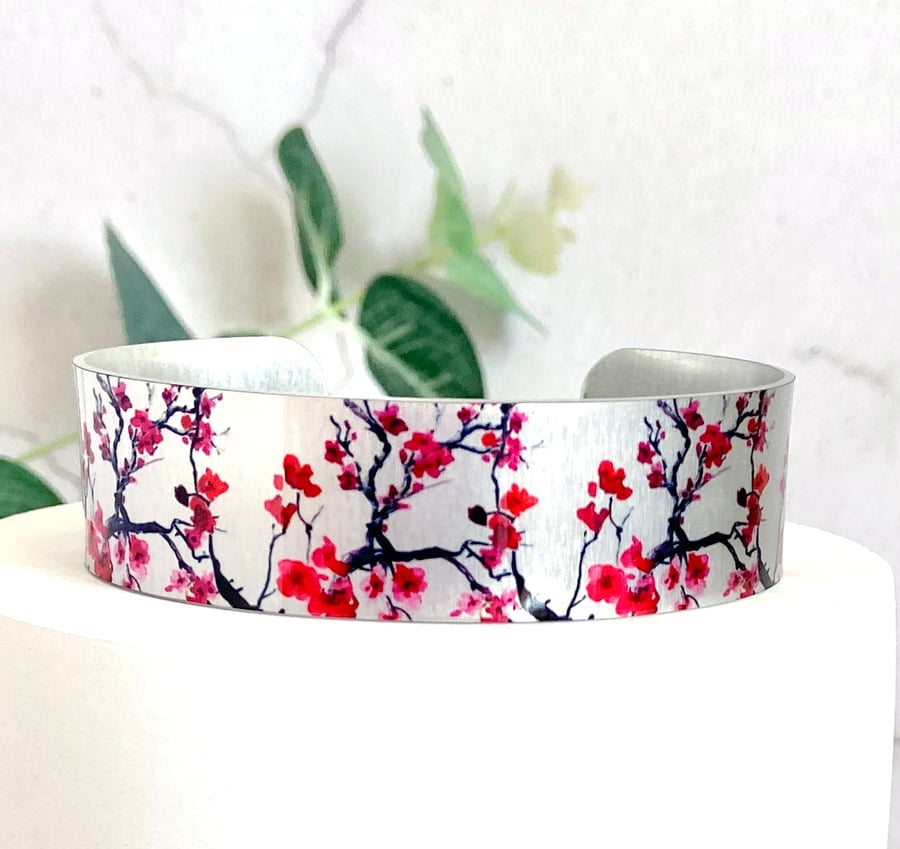 Cherry Blossom cuff bracelet, red pink floral jewellery gifts. (312)