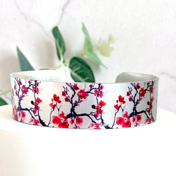 Cherry Blossom cuff bracelet, red pink floral jewellery gifts. (312)