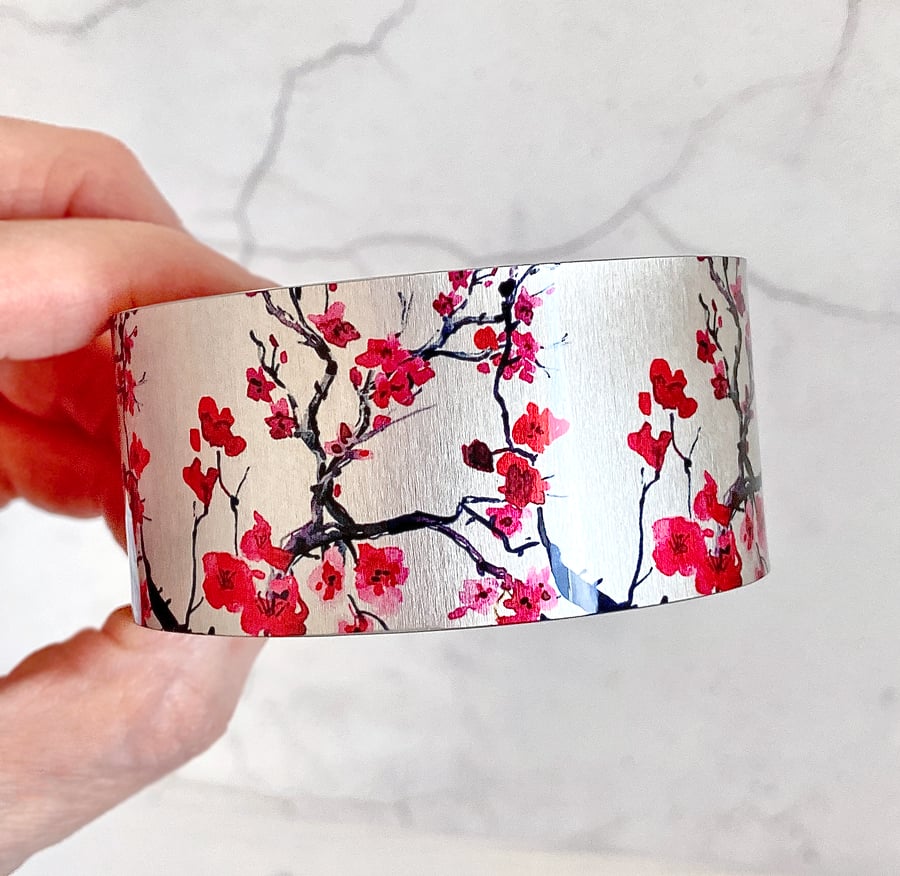 Cherry blossom cuff bracelet, red wide metal bangle. Can be personalised (312)