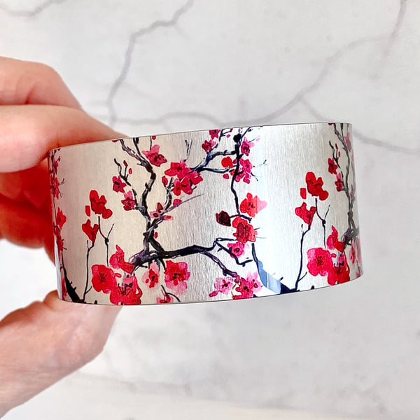 Cherry blossom cuff bracelet, red wide metal bangle. Can be personalised (312)
