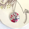 Cherry blossom necklace, 32mm disc pendant on chain, handmade jewellery. P32-312
