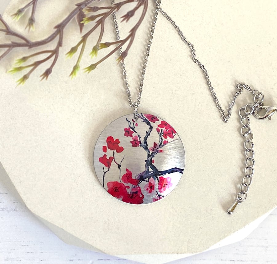 Cherry blossom necklace, 32mm disc pendant on chain, handmade jewellery. (312)