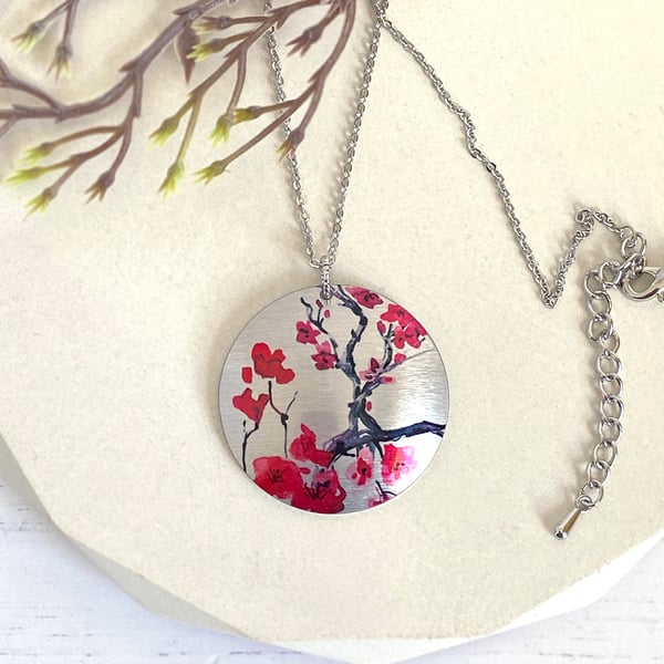 Cherry blossom necklace, 32mm disc pendant on chain, handmade jewellery. (312)