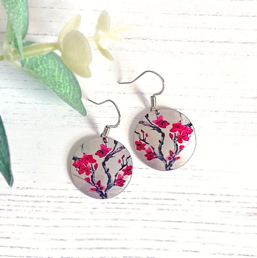 Cherry blossom earrings, 19mm floral discs, sterling silver ear wires (312)