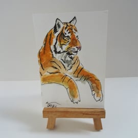 ACEO Tiger Dangle Original Watercolour & Ink Painting OOAK 