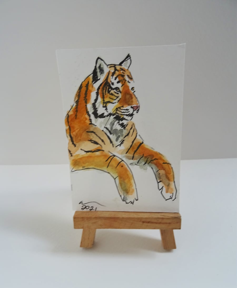 ACEO Tiger Dangle Original Watercolour & Ink Painting OOAK 