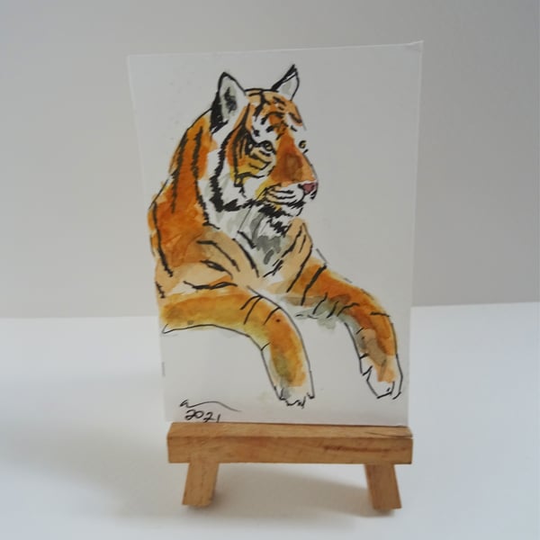 ACEO Tiger Dangle Original Watercolour & Ink Painting OOAK 