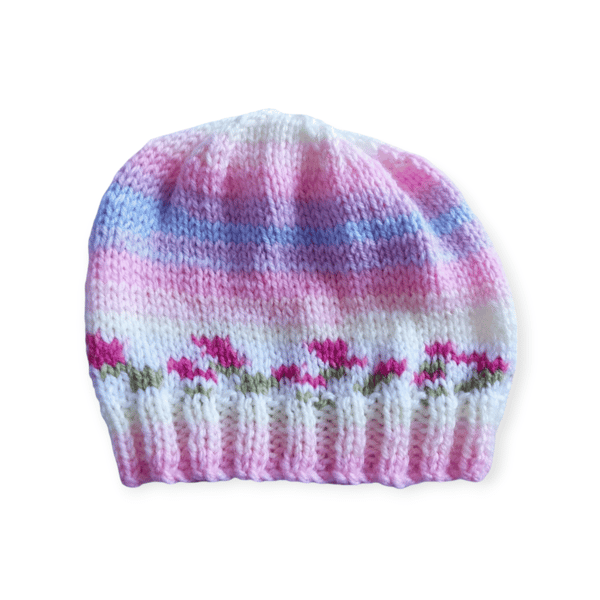 Pink Flowers Baby Hat Hand Knitted, Newborn Beanie 0-3 Months, Girls Beanie 