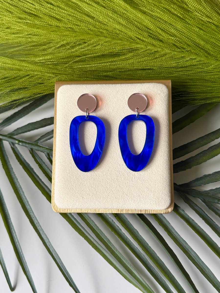 Blue and Rose Gold Organic Hollow Oval Hoop Earrings