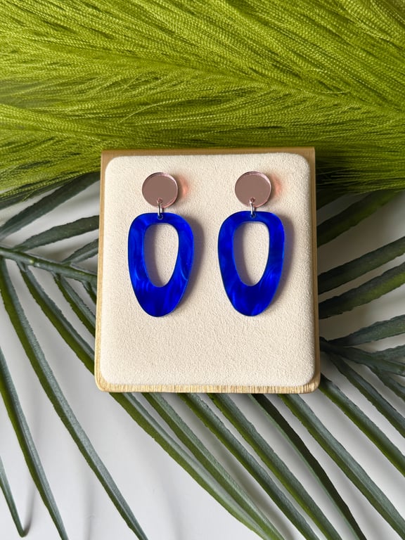 Blue and Rose Gold Organic Hollow Oval Hoop Earrings