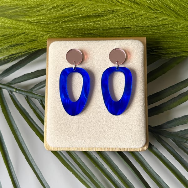 Blue and Rose Gold Organic Hollow Oval Hoop Earrings