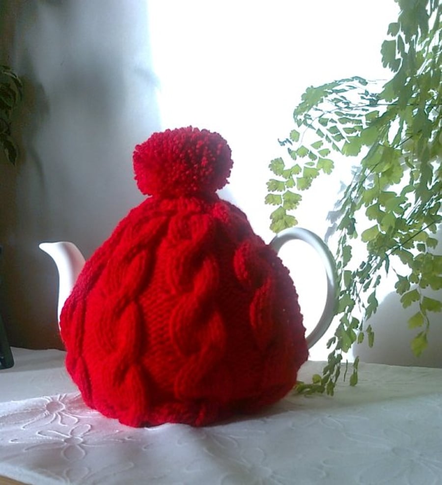 Red Knitted Tea Cosy - Traditional Cable fits 4 to 6 cup pot 