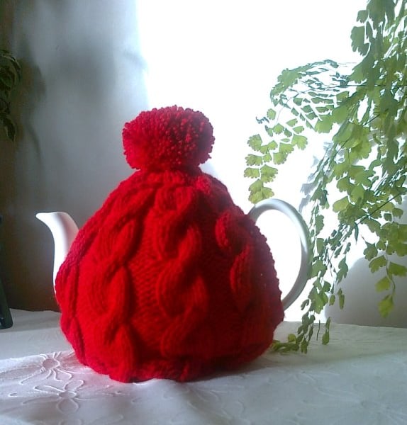 Red Knitted Tea Cosy - Traditional Cable fits 4 to 6 cup pot 