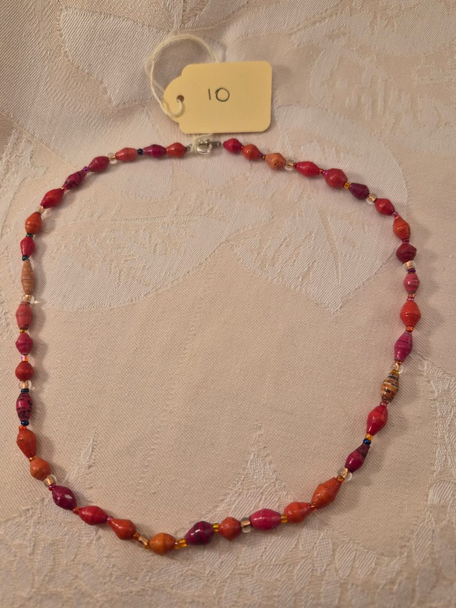 Orange paper and glass beaded necklace