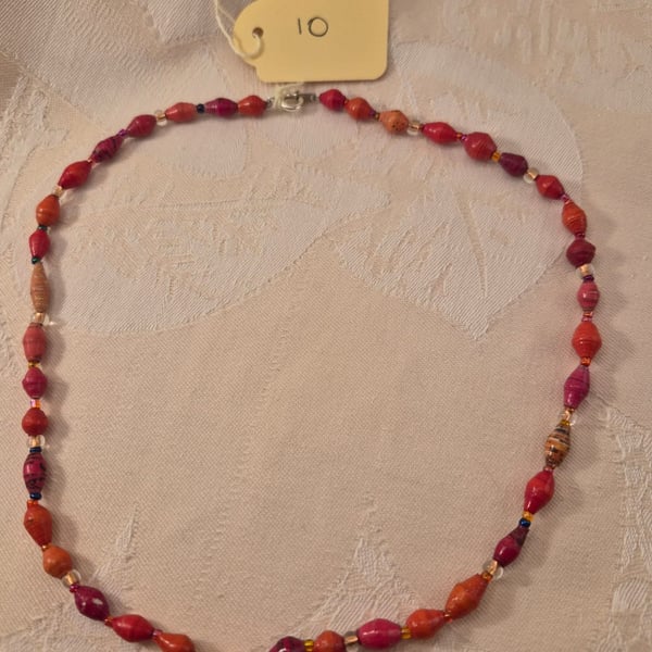 Orange paper and glass beaded necklace