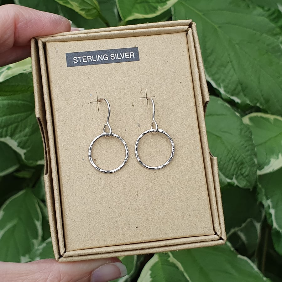 14mm Hammered Circle Dangle Earrings (Sterling Silver)