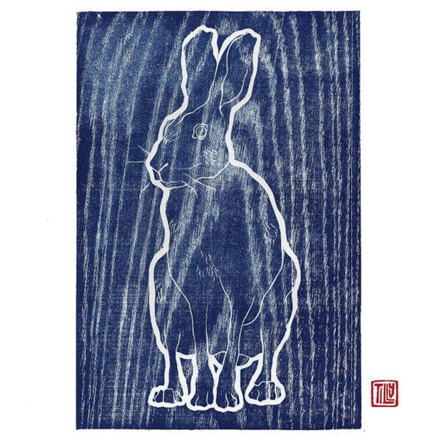 Hare woodblock print, woodcut, wood grain, printmaking