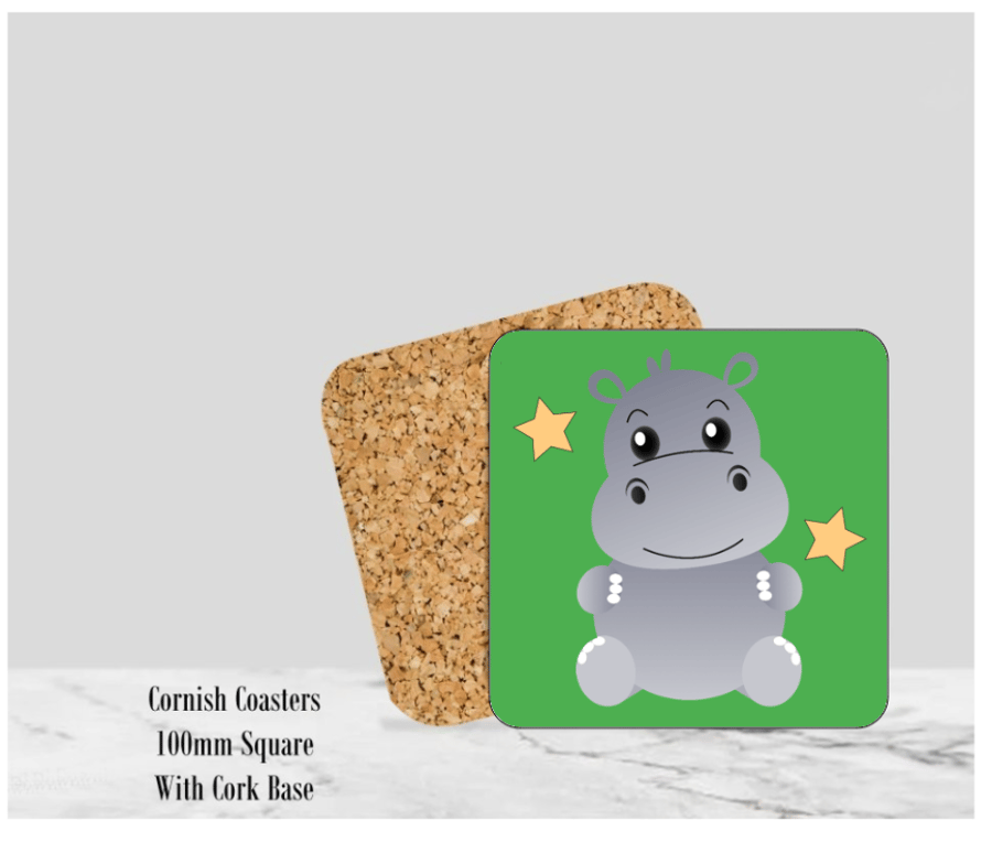 Green Happy Hippo Coaster 4" Square With Cork Base